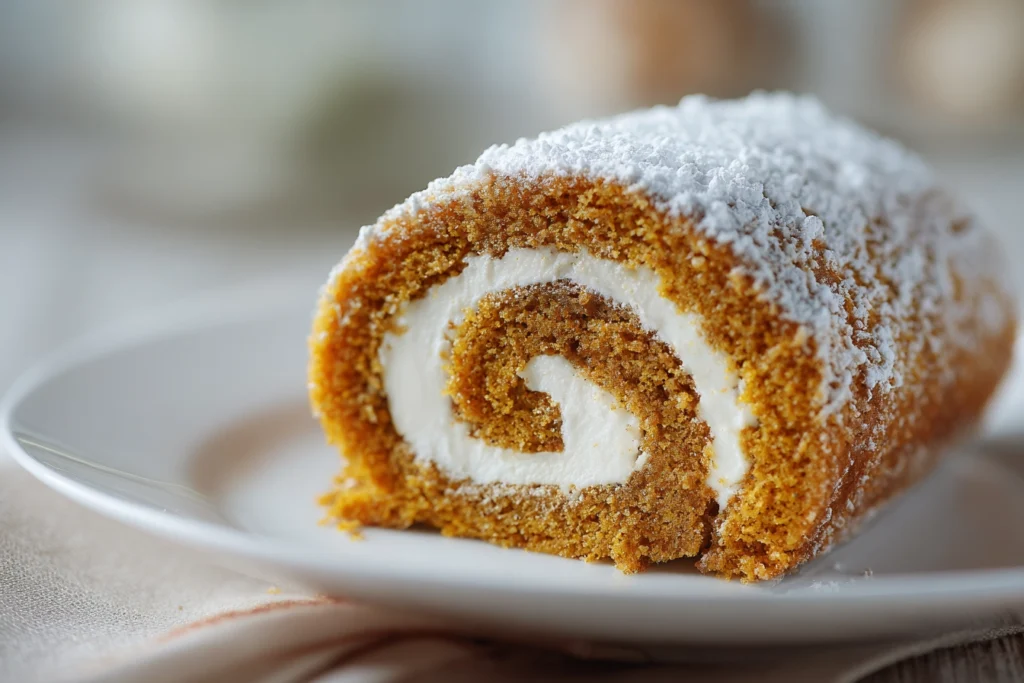 Fall Pumpkin Spice Roll Cake: A Cozy Dessert That Steals the Show 11 close-up of fall pumpkin spice roll cake slice with cream cheese swirl on white plate