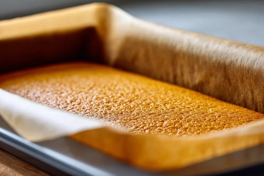 Freshly baked pumpkin roll cake in parchment-lined pan