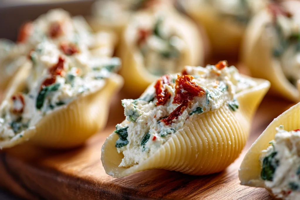 Sun-Dried Tomato Ricotta Stuffed Shells – A Cozy, Flavor-Packed Pasta Dinner 8 Close-up of sun-dried tomato ricotta mixture being spooned into jumbo pasta shells