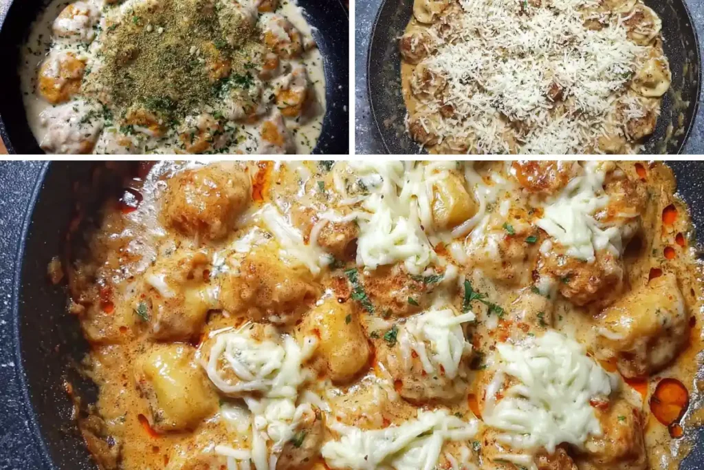 Finished pan-fried dumplings with sour cream and melted cheese in a skillet