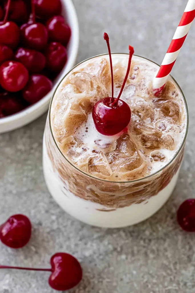 Fluffy Coke: A Creamy Three-Ingredient Viral Drink 3 Overhead view of Fluffy Coke with crushed ice, marshmallow fluff, cola foam, and a cherry