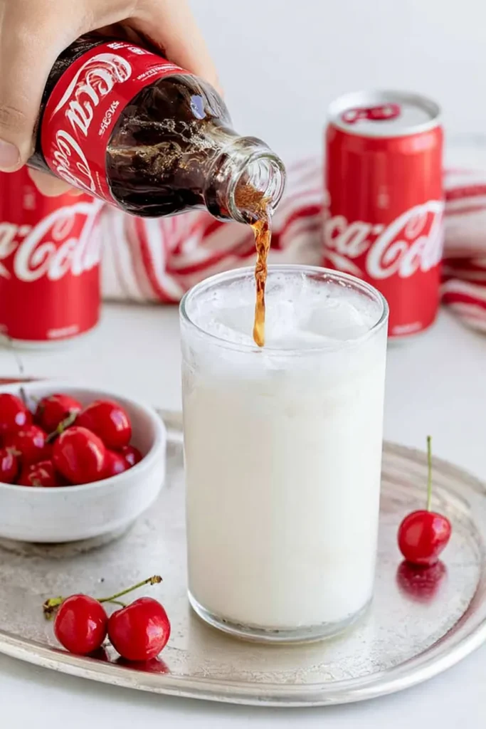 Fluffy Coke: A Creamy Three-Ingredient Viral Drink 2 Fluffy Coke recipe with cola pouring over crushed ice and marshmallow fluff