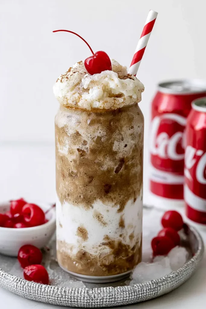 Fluffy Coke: A Creamy Three-Ingredient Viral Drink 4 Fluffy Coke recipe variation with marshmallow fluff, crushed ice, fizzy soda, and a cherry