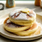 Fluffy Japanese soufflé pancakes served warm on a modern plate