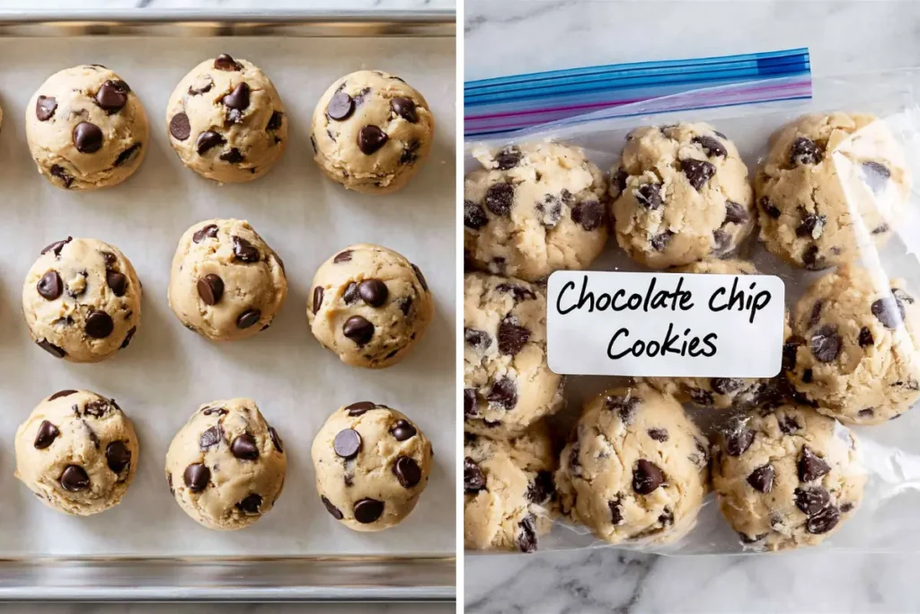 Best Chocolate Chip Cookie Recipe for Soft Centers and Crisp Edges 9 Chocolate chip cookie dough balls prepared for freezing and storage