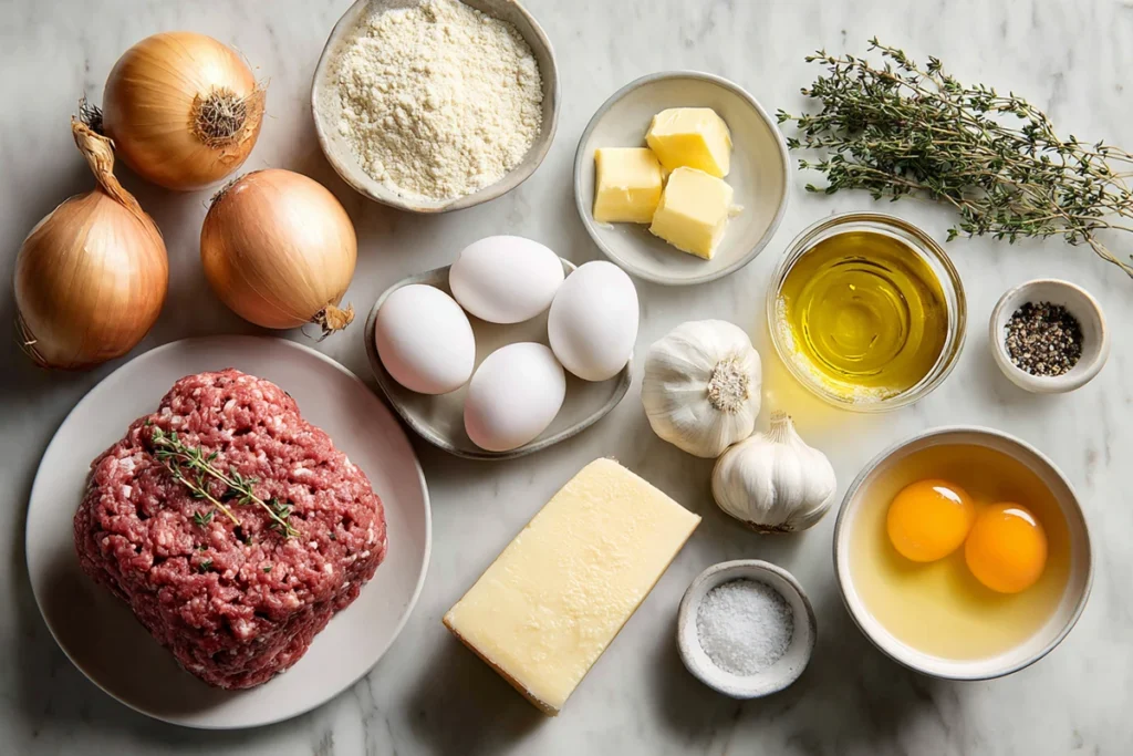 Ingredients for French onion meatloaf arranged on a marble counter