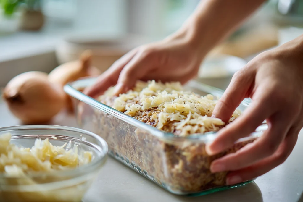 French Onion Meatloaf: A Cozy Twist on a Classic Comfort Dish 10 Hands forming French Onion Meatloaf mixture with cheese and onions in a glass loaf pan on a marble countertop.