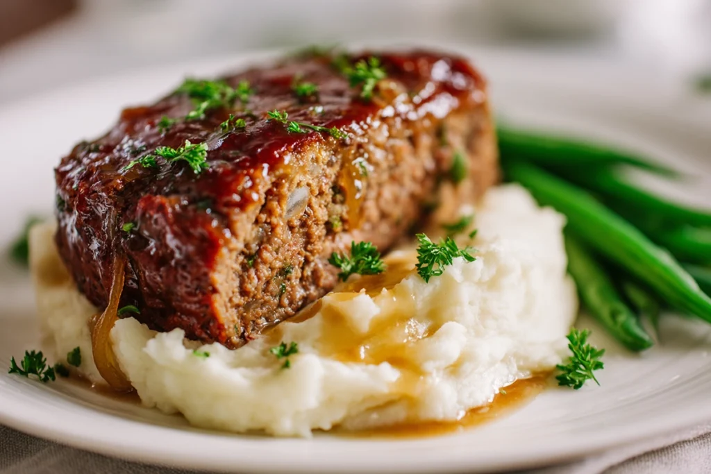 French Onion Meatloaf: A Cozy Twist on a Classic Comfort Dish 11 French Onion Meatloaf slices served with mashed potatoes and green beans on a white plate in bright natural light.