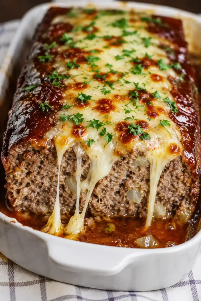 French Onion Meatloaf with Caramelized Onions and Gruyère 2 French onion meatloaf with melted Gruyère cheese and caramelized onion sauce