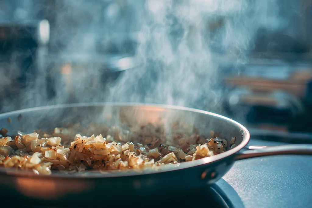 French Onion Meatloaf: A Cozy Twist on a Classic Comfort Dish 9 Onions caramelizing in butter for French Onion Meatloaf in a stainless-steel pan under natural kitchen lighting.