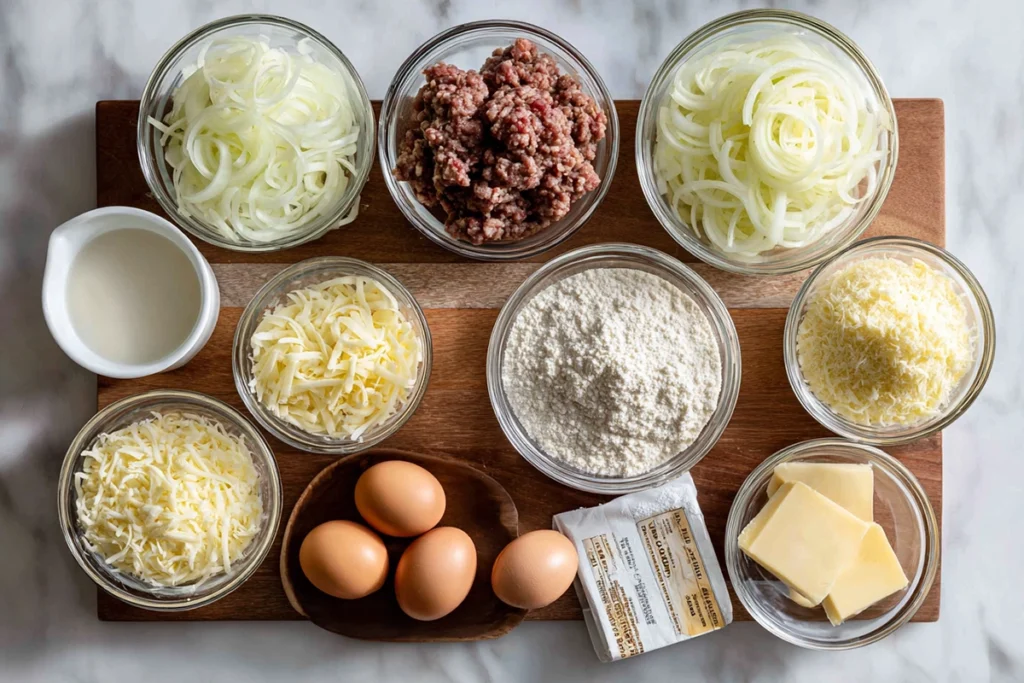 French Onion Meatloaf: A Cozy Twist on a Classic Comfort Dish 8 Overhead shot of French Onion Meatloaf ingredients including onions, beef, cheese, and breadcrumbs on a wooden board in bright natural light.