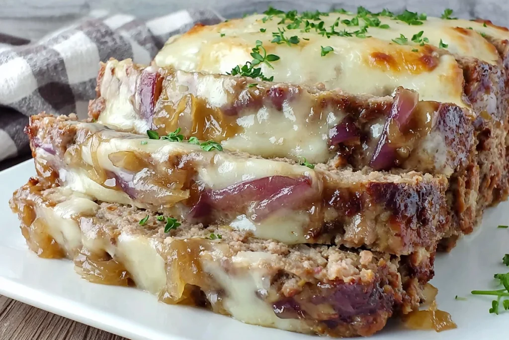French onion meatloaf served with mashed potatoes and green beans

