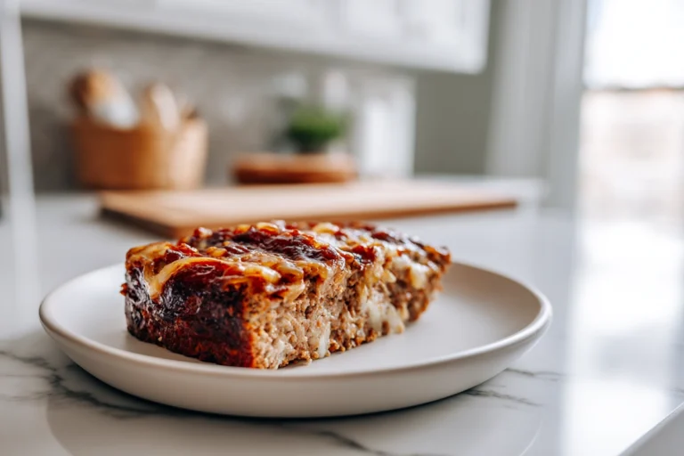 French Onion Meatloaf served on a white plate with caramelized onions and melted cheese in a modern kitchen setting.