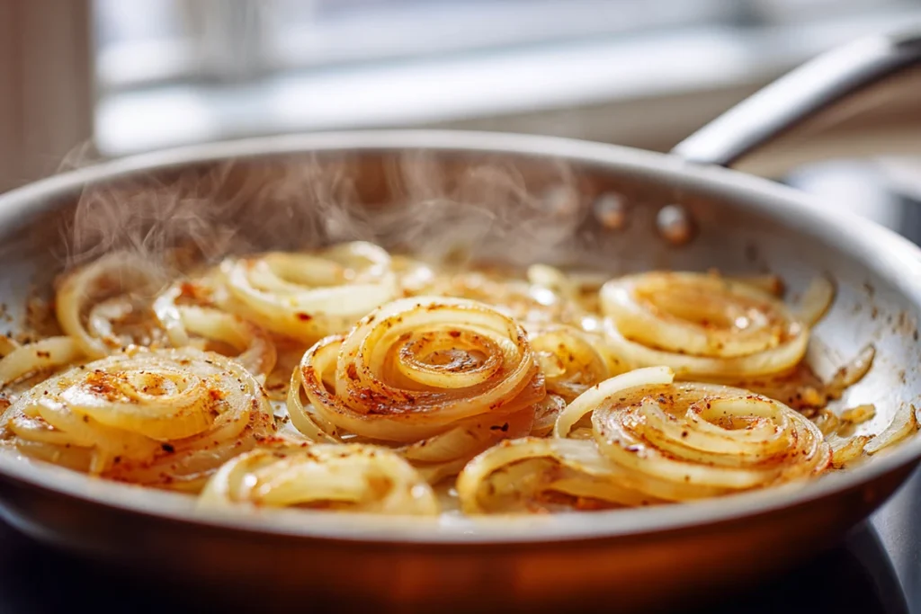 Caramelized onions cooking in a skillet for French onion meatloaf