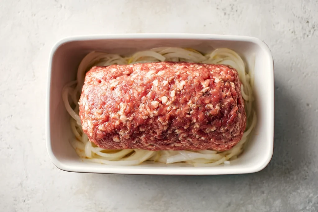 French onion meatloaf shaped in a baking dish before cooking
