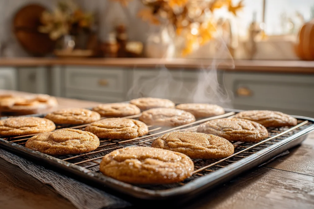 Apple Cider Cheesecake Cookies – The Cozy Fall Treat You’ll Crave All Year 11 tray of freshly baked apple cider cheesecake cookies cooling on rack with cinnamon sugar