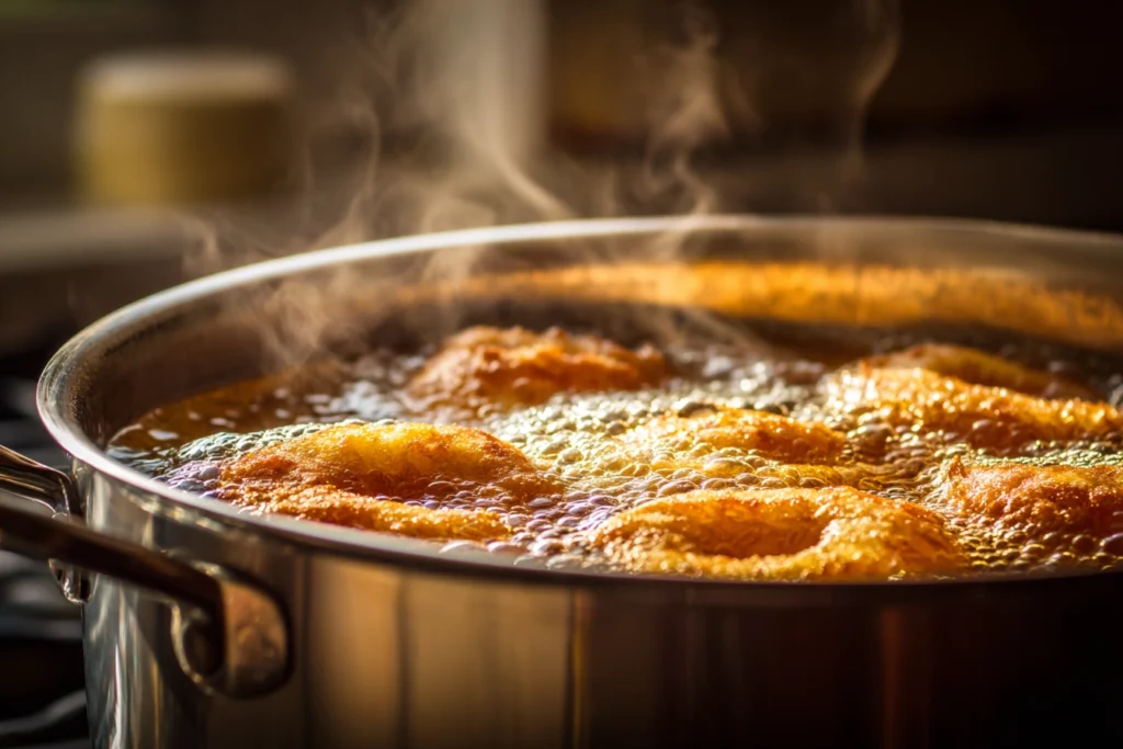 Funnel cake donuts frying in hot oil in stainless-steel pot