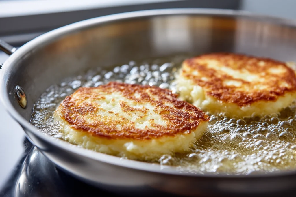 korean cheese potato pancakes frying until golden and crispy