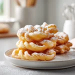 Funnel cake donuts on plate in modern kitchen with powdered sugar