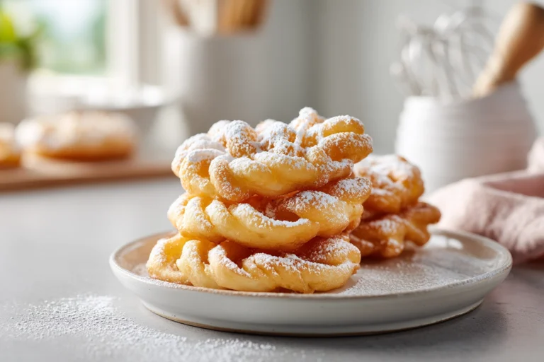 Funnel cake donuts on plate in modern kitchen with powdered sugar