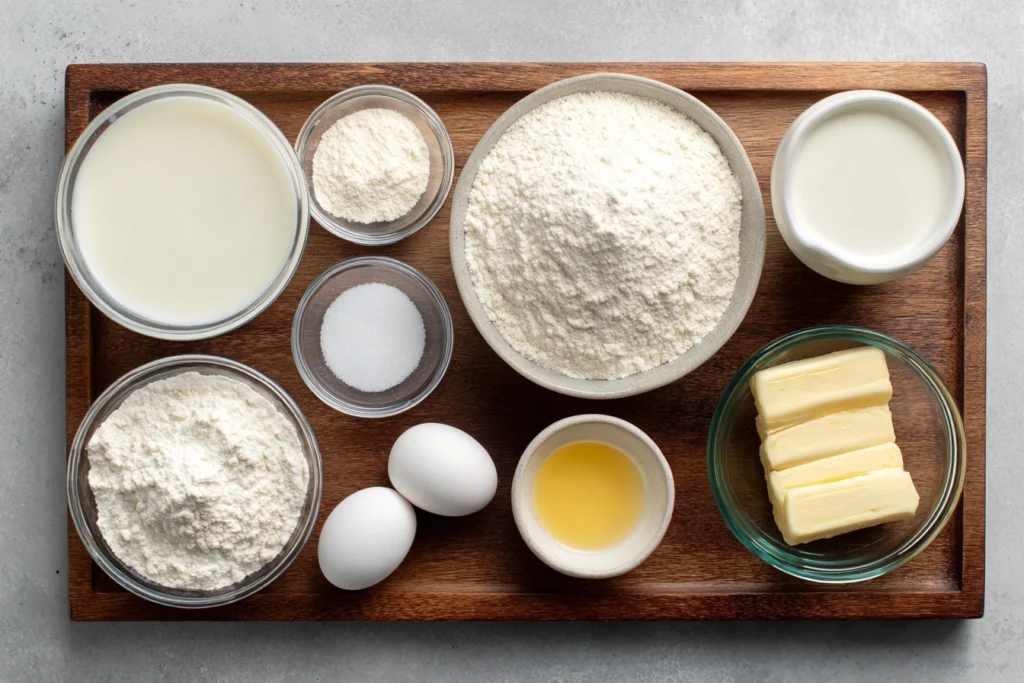 Overhead shot of funnel cake donut ingredients in glass bowls on wooden board