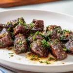 garlic butter steak bites plated with garlic butter sauce and parsley garnish