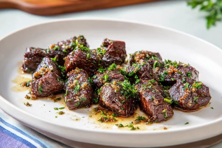 garlic butter steak bites plated with garlic butter sauce and parsley garnish