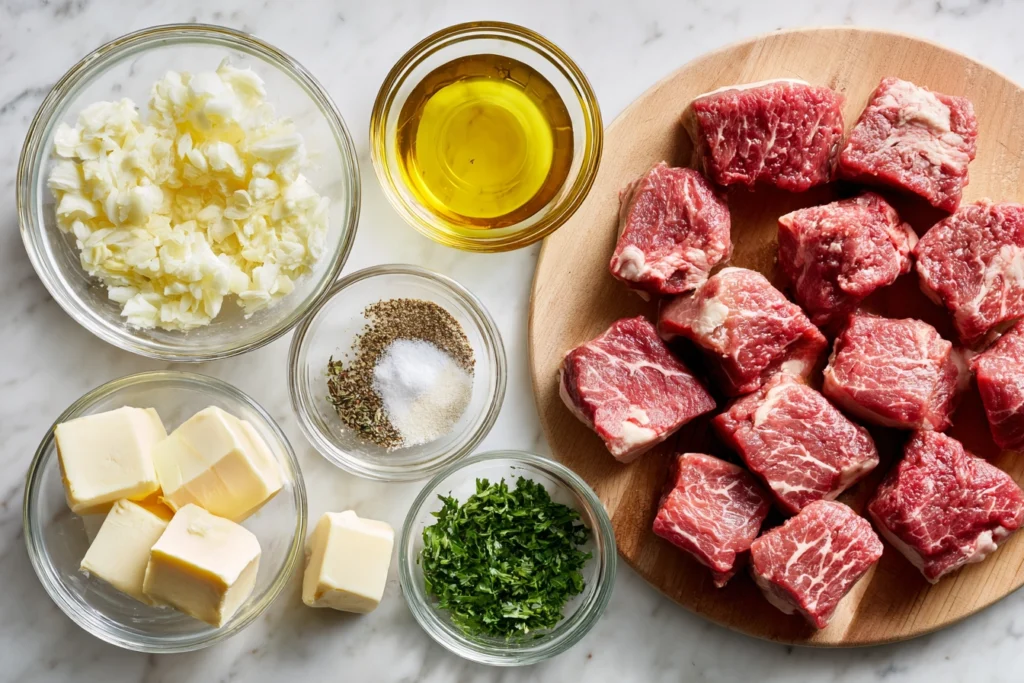 overhead view of ingredients for garlic butter steak bites including steak cubes, garlic, butter, and herbs