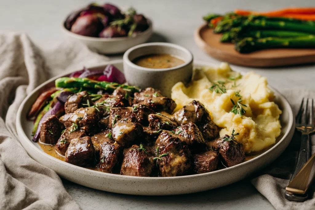 plated garlic butter steak bites served with mashed potatoes and vegetables