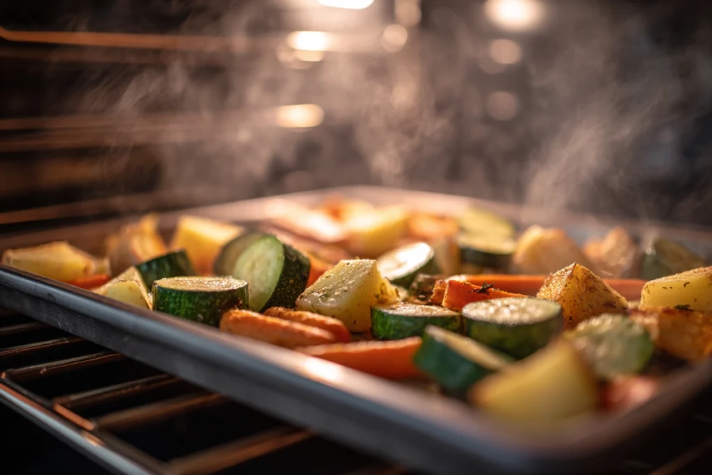 Garlic Herb Roasted Potatoes, Carrots, and Zucchini: The Perfect Easy Side Dish 8 garlic herb roasted potatoes, carrots, and zucchini roasting in the oven on a sheet pan