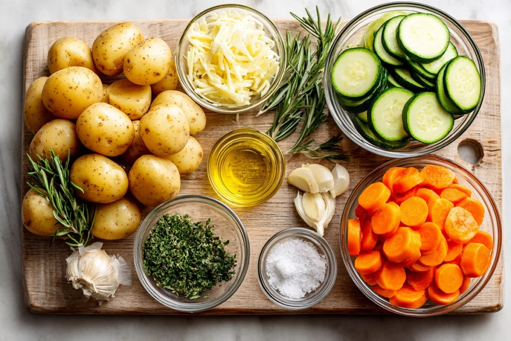 Garlic Herb Roasted Potatoes, Carrots, and Zucchini: The Perfect Easy Side Dish 6 overhead shot of ingredients for garlic herb roasted potatoes, carrots, and zucchini arranged on wooden board