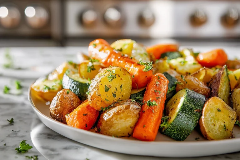 garlic herb roasted potatoes, carrots, and zucchini on a modern white plate in bright natural light
