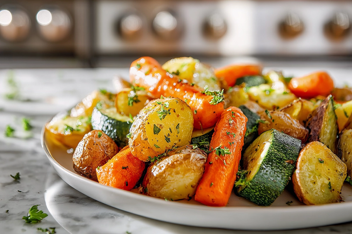 Garlic Herb Roasted Potatoes, Carrots, and Zucchini: The Perfect Easy Side Dish 5 garlic herb roasted potatoes, carrots, and zucchini on a modern white plate in bright natural light