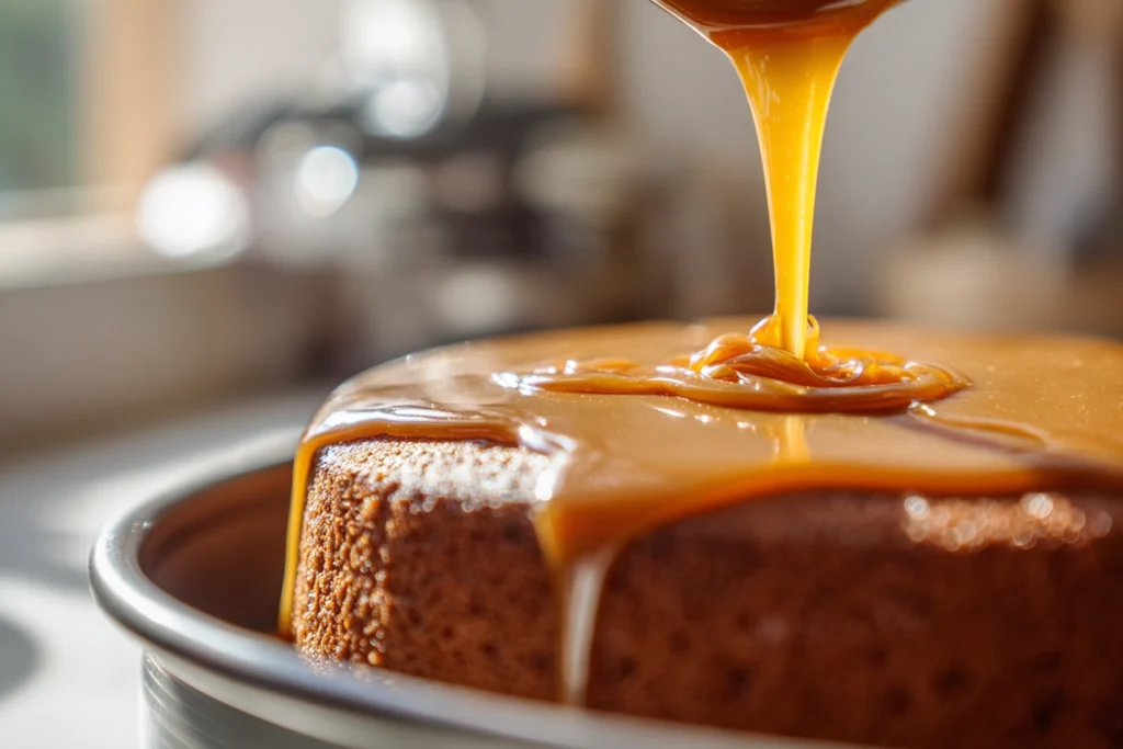 Gooey Coffee Caramel Cake That Melts in Your Mouth 9 Caramel sauce being poured over warm gooey coffee caramel cake in a modern kitchen