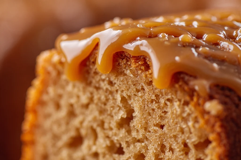 Gooey Coffee Caramel Cake That Melts in Your Mouth 10 Close-up of gooey coffee caramel cake slice showing moist texture and glossy caramel glaze
