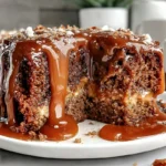 Gooey Coffee Caramel Cake That Melts in Your Mouth 7 Gooey coffee caramel cake slice dripping with caramel sauce on a modern plate in natural daylight