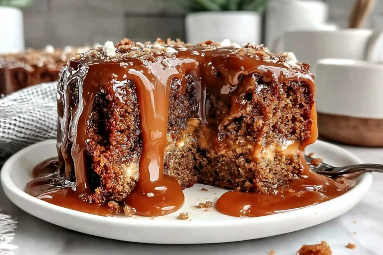 Gooey coffee caramel cake slice dripping with caramel sauce on a modern plate in natural daylight