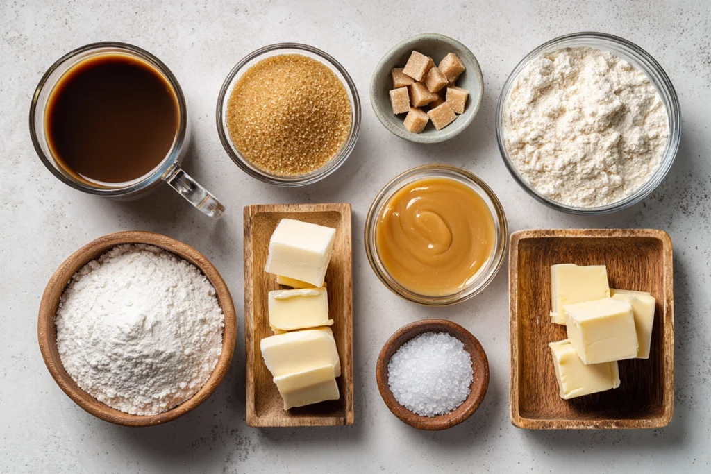Gooey Coffee Caramel Cake That Melts in Your Mouth 8 Overhead photo of gooey coffee caramel cake ingredients including butter, sugar, coffee, and caramel sauce