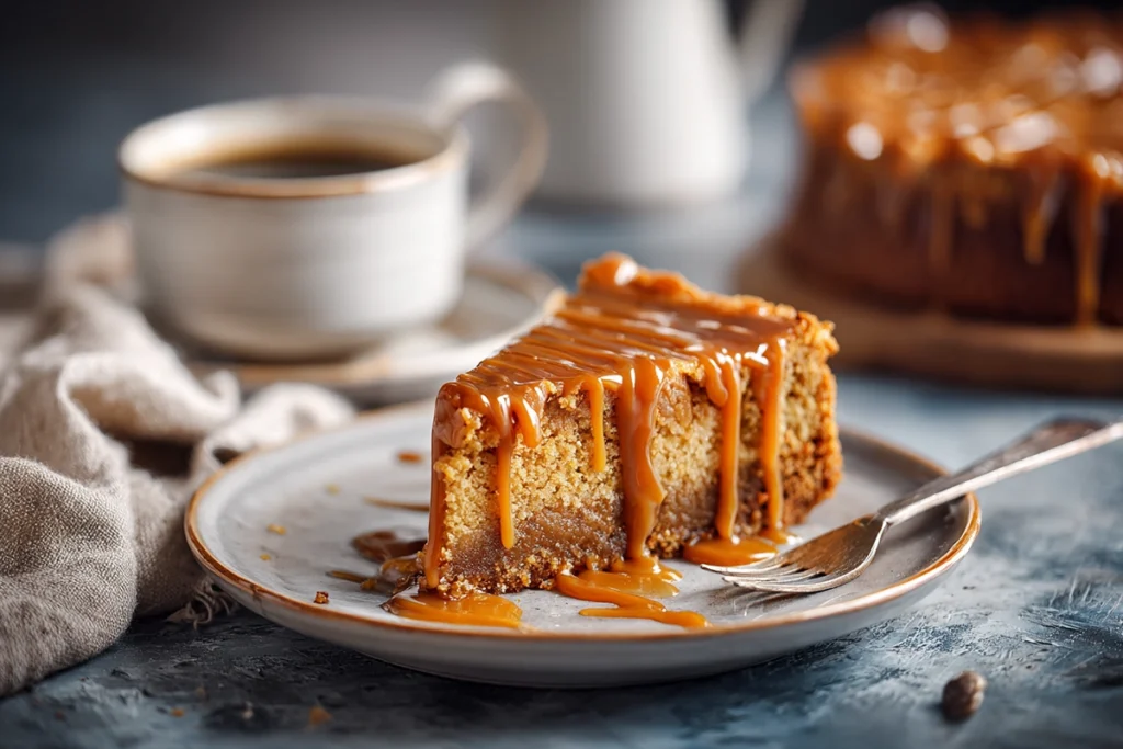 Gooey Coffee Caramel Cake That Melts in Your Mouth 11 Slice of gooey coffee caramel cake served with espresso on a modern kitchen counter