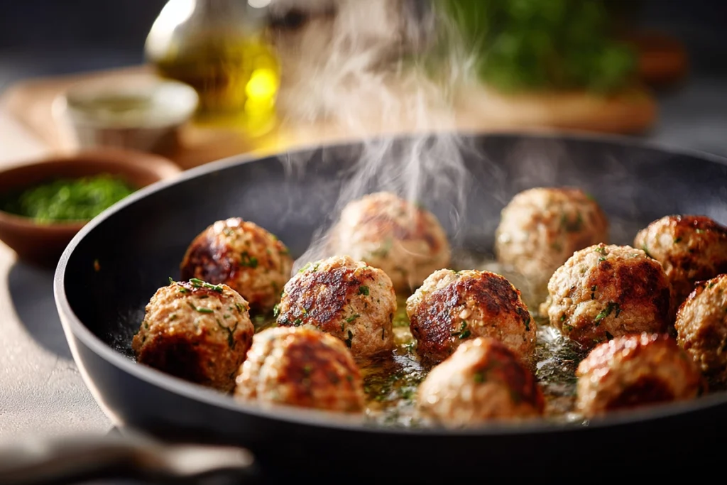 Greek Turkey Meatballs – A Fresh, Flavor-Packed Mediterranean Dinner 10 Greek turkey meatballs searing in a skillet with olive oil, showing golden-brown texture and steam.