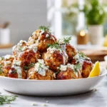 Greek Turkey Meatballs – A Fresh, Flavor-Packed Mediterranean Dinner 7 Greek turkey meatballs served with tzatziki, lemon wedges, and feta cheese in a modern kitchen setting.