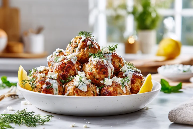 Greek turkey meatballs served with tzatziki, lemon wedges, and feta cheese in a modern kitchen setting.