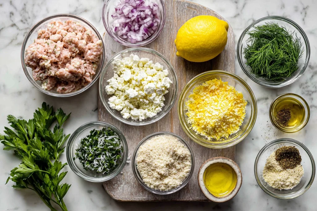 Greek Turkey Meatballs – A Fresh, Flavor-Packed Mediterranean Dinner 8 Overhead view of Greek turkey meatballs ingredients including ground turkey, feta, herbs, and lemon on a wooden board.