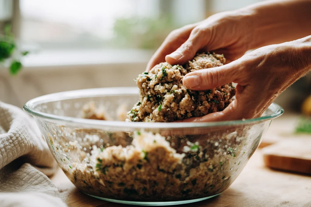 Greek Turkey Meatballs – A Fresh, Flavor-Packed Mediterranean Dinner 9 Mixing Greek turkey meatball ingredients in a glass bowl with herbs, feta, and breadcrumbs.