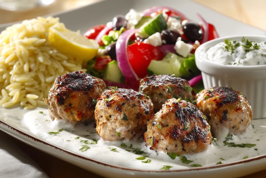 Greek Turkey Meatballs – A Fresh, Flavor-Packed Mediterranean Dinner 11 Greek turkey meatballs served with Greek salad, lemon orzo, and tzatziki sauce in bright natural light.