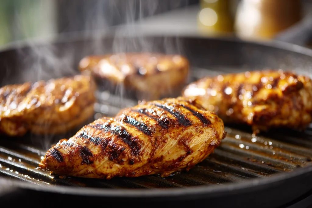 juicy chipotle-marinated chicken grilling for chipotle ranch burrito in modern kitchen