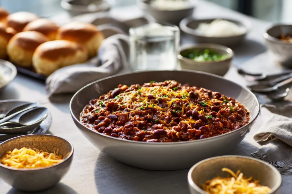 close-up of spoonful of ground beef slow cooker chili showing texture and steam