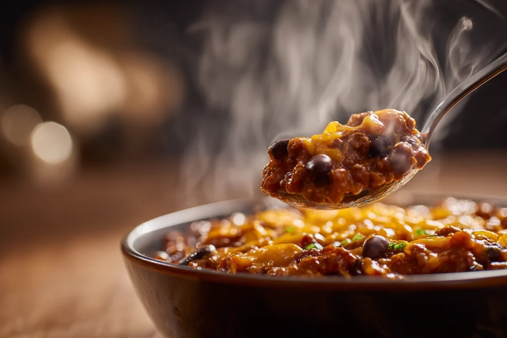 slow cooker filled with simmering ground beef chili and steam rising in modern kitchen