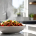 ground beef slow cooker chili served in modern kitchen with melted cheese and garnish