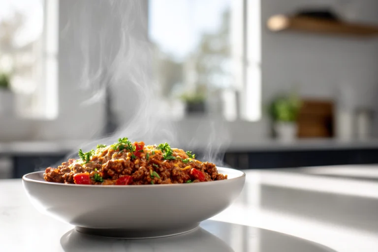 The Best Ground Beef Slow Cooker Recipes for Effortless Comfort Food Nights 15 ground beef slow cooker chili served in modern kitchen with melted cheese and garnish